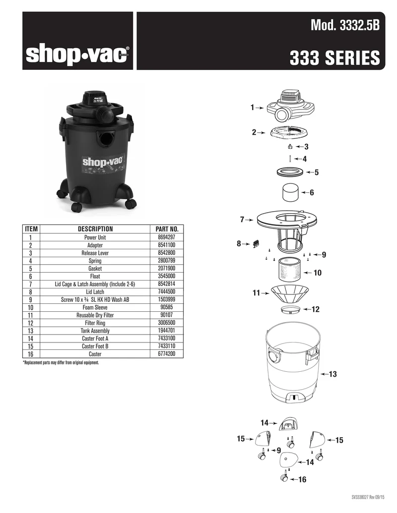 Shop-Vac Parts List for 3332.5B Models (6 Gallon* Green / Black Blower Vac)
