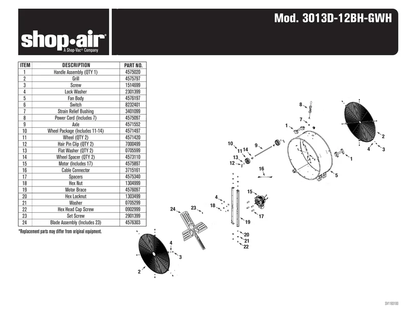 Shop-Vac Parts List for 3013D-12BH Models (30-Inch Dia. Galvanized Steel Drum Fan - Direct Drive)