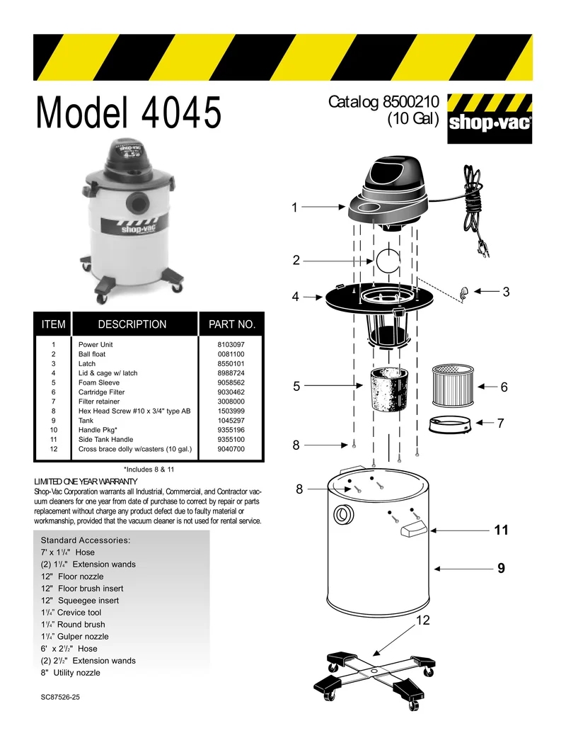 Shop-Vac Parts List for 4045 Models (10 Gallon* Yellow / Black Metal Industrial Vac w/ Cross Brace Dolly)