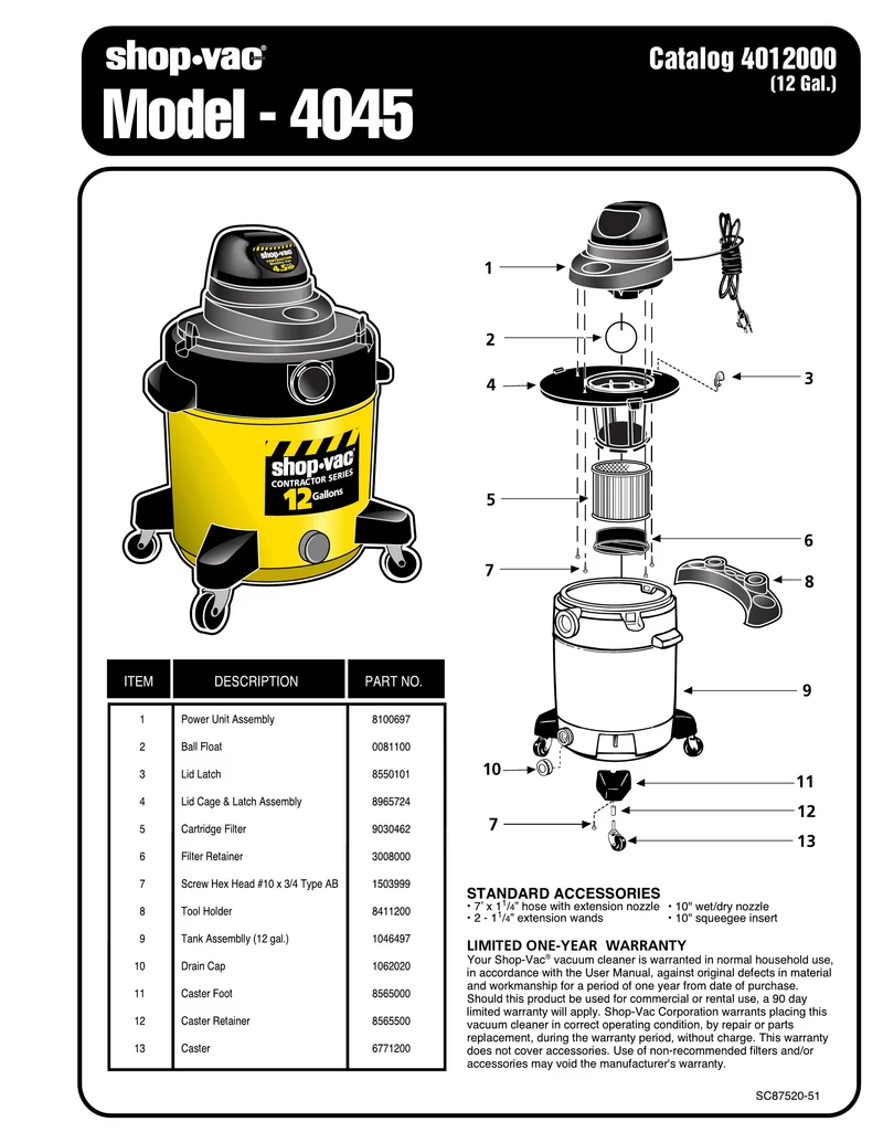 Shop-Vac Parts List for 4045 Models (12 Gallon* Yellow / Black Contractor Vac )