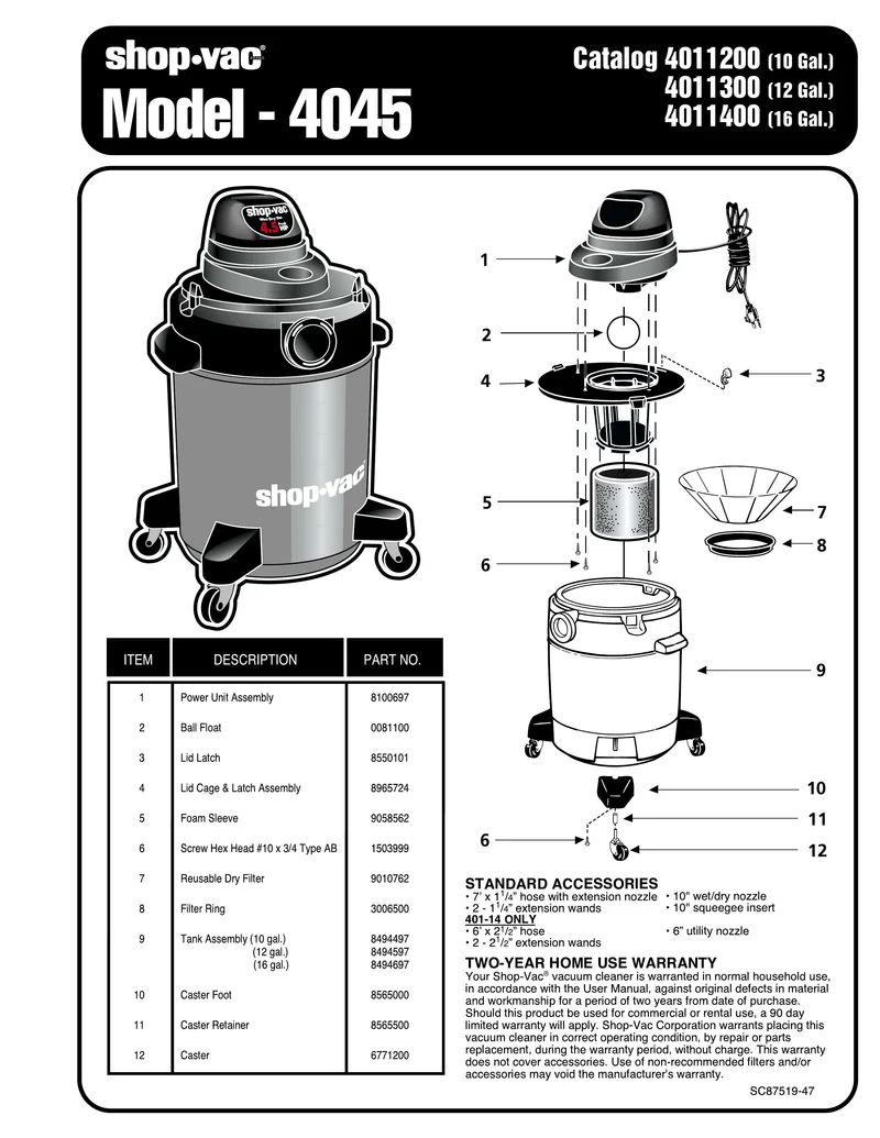 Shop-Vac Parts List for 4045 Models (10 Gallon* Red / Black Vac)