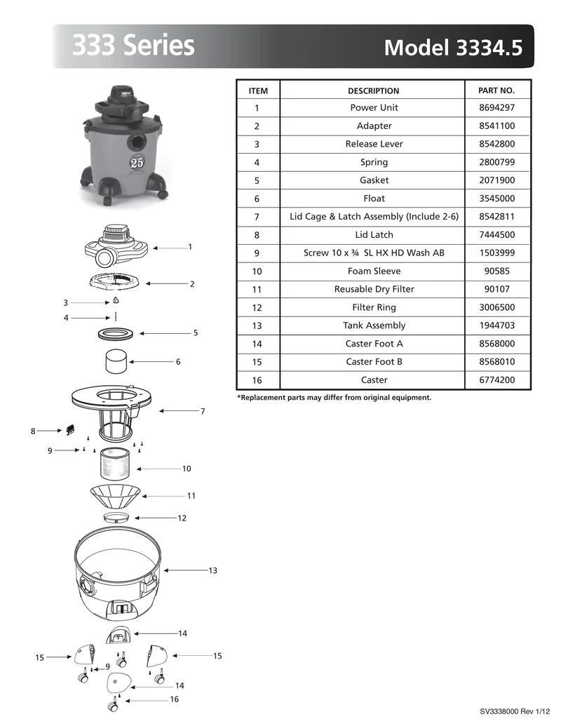 Shop-Vac Parts List for 3334.5 Models (8 Gallon* Orange / Black Blower Vac)