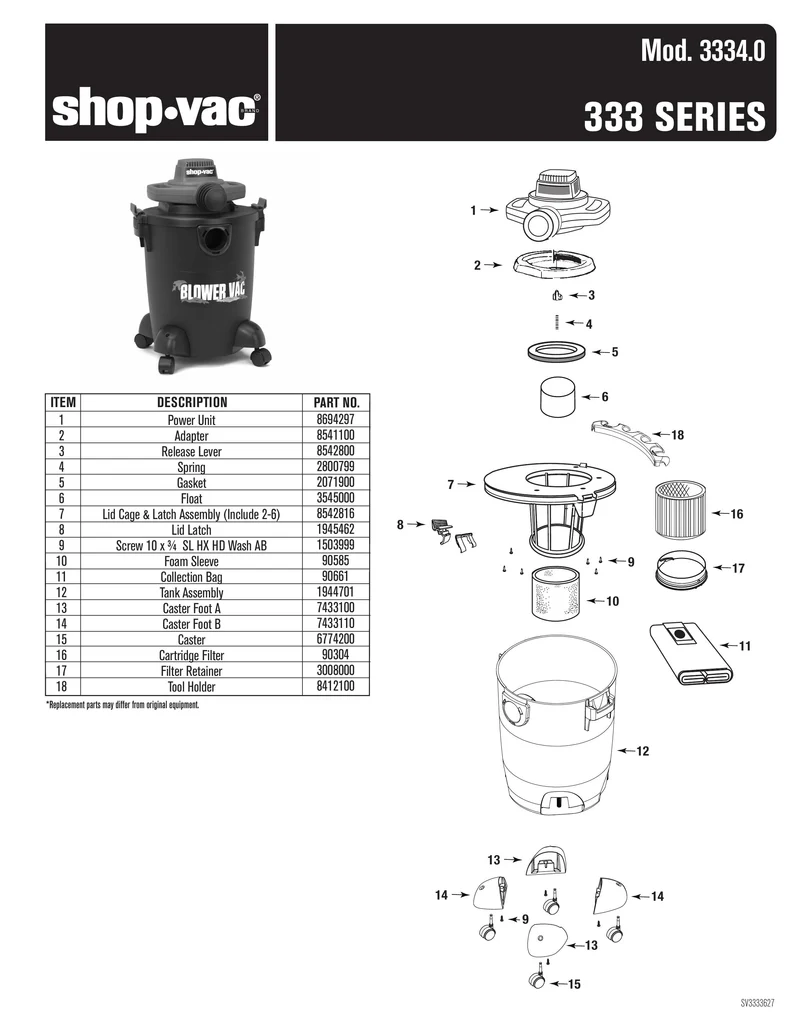 Shop-Vac Parts List for 3334 Models (6 Gallon* Red / Black Blower Vac)