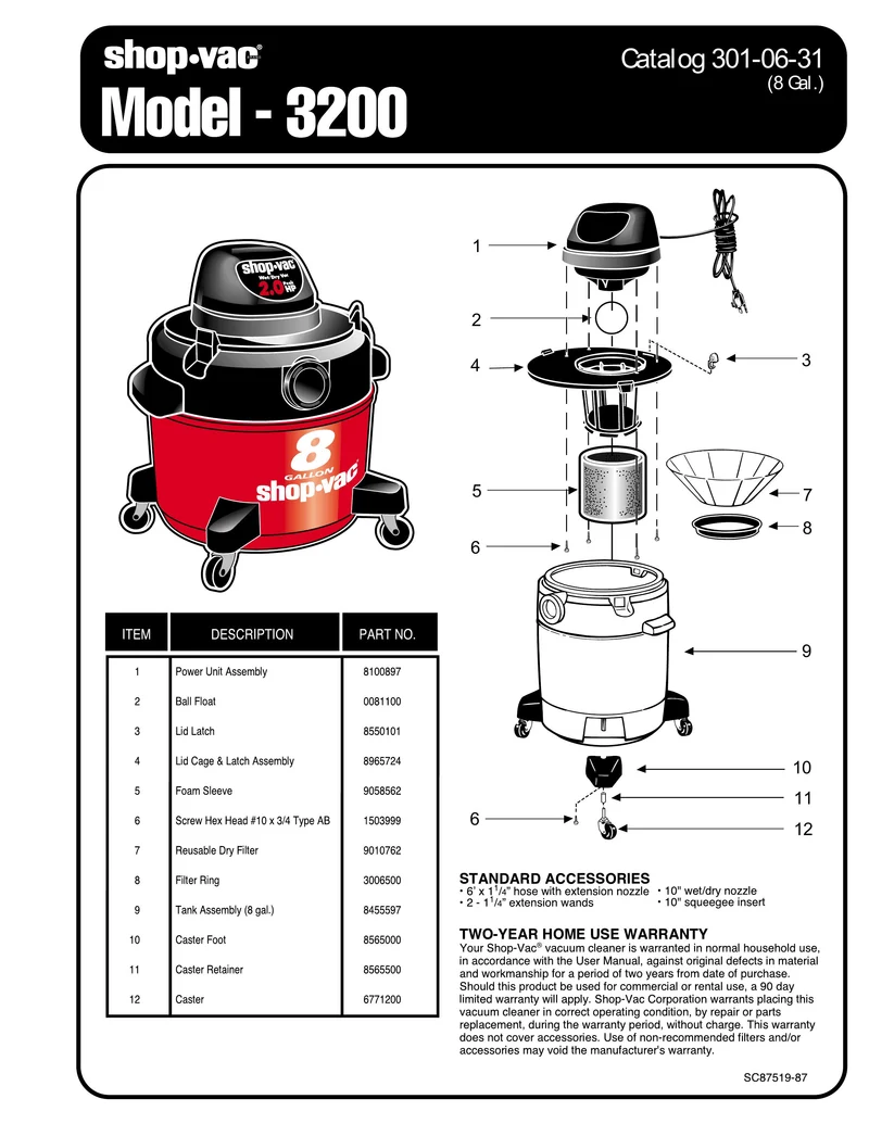 Shop-Vac Parts List for 3200 Models (8 Gallon* Vac)