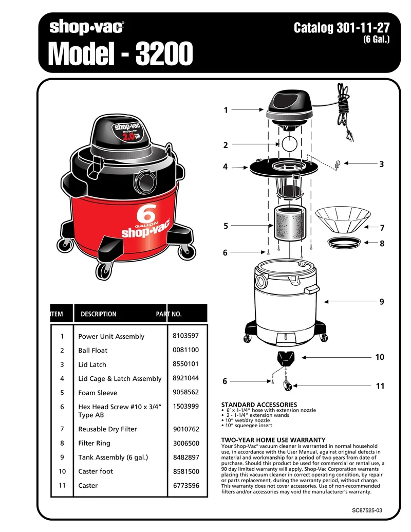 Shop-Vac Parts List for 3200 Models (6 Gallon* Vac)
