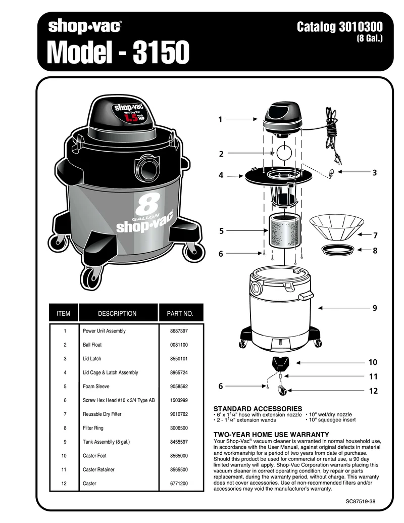 Shop-Vac Parts List for 3150 Models (8 Gallon* Vac)