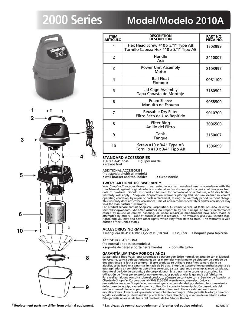 Shop-Vac Parts List for 2010A Models (1X1® Vac)