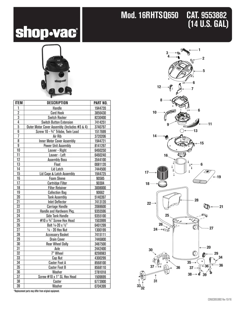 Shop-Vac Parts List for 16RHTSQ650 Models (14 Gallon* Black / Stainless Steel Vac)