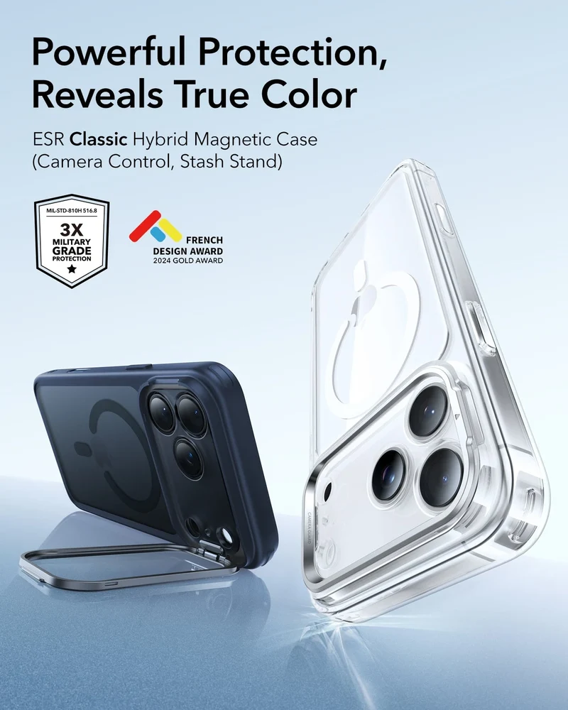 iPhone 17 Pro Max Classic Hybrid Magnetic Case (Camera Control, Stash Stand) - Frosted Blue