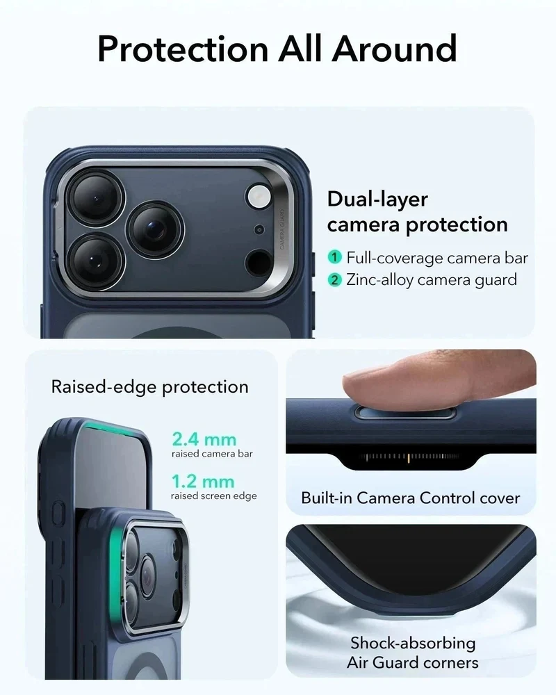iPhone 17 Pro Max Bundle Classic Hybrid Magnetic Case (Camera Control, Stash Stand) and Armorite Screen Protector - Frosted Blue