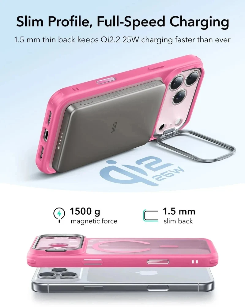 iPhone 17 Pro Classic Hybrid Magnetic Case (Camera Control, Stash Stand) - Frosted Pink
