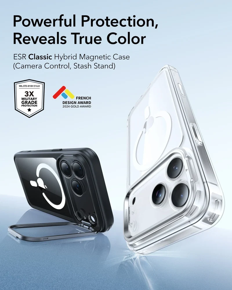 iPhone 17 Pro Classic Hybrid Magnetic Case (Camera Control, Stash Stand) - Clear Black