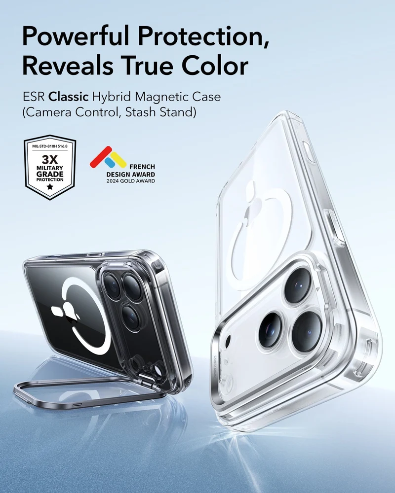iPhone 17 Pro Classic Hybrid Magnetic Case (Camera Control, Stash Stand) - Clear