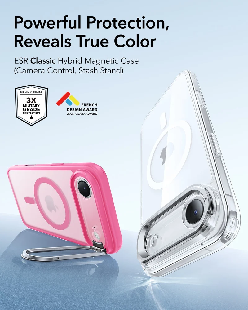 iPhone Air Classic Hybrid Magnetic Case (Camera Control, Stash Stand) - Frosted Pink