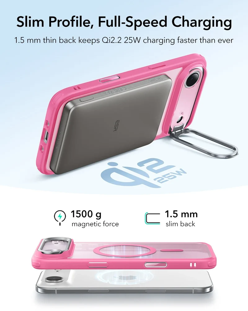iPhone Air Classic Hybrid Magnetic Case (Camera Control, Stash Stand) - Frosted Pink