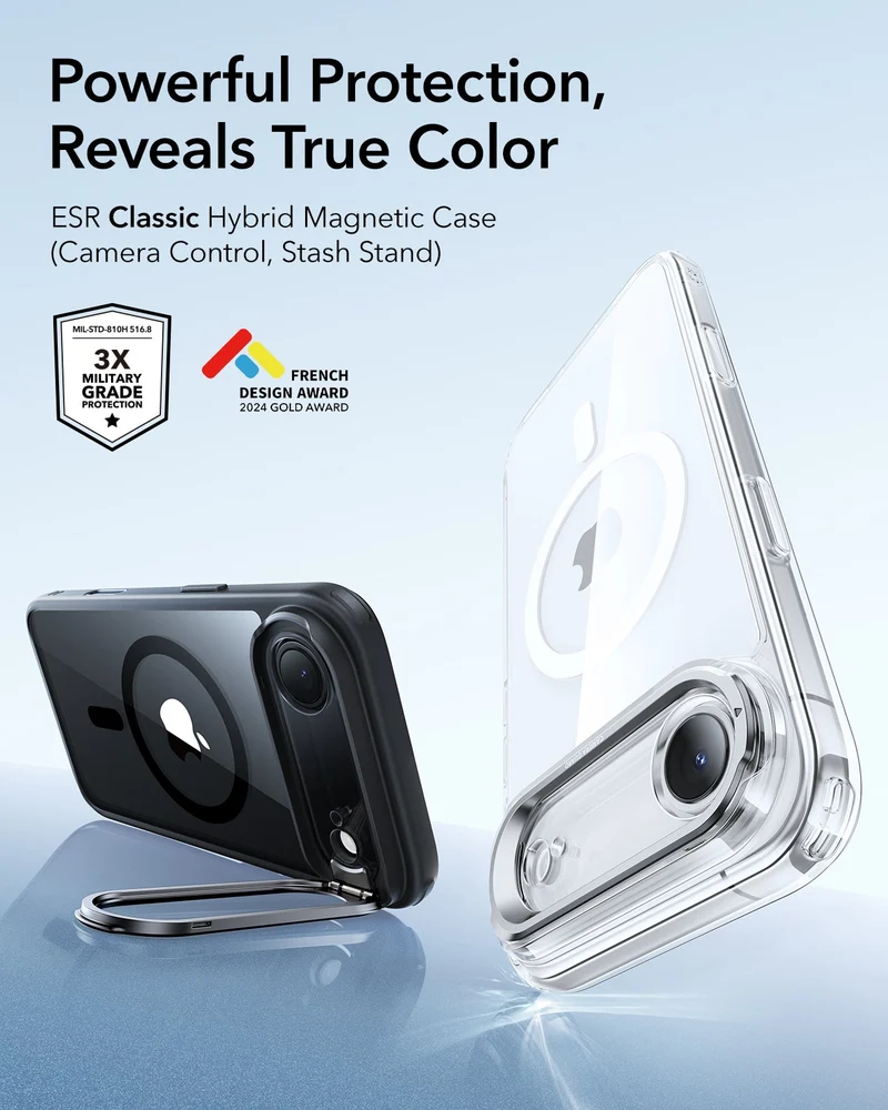 iPhone Air Classic Hybrid Magnetic Case (Camera Control, Stash Stand) - Clear Black