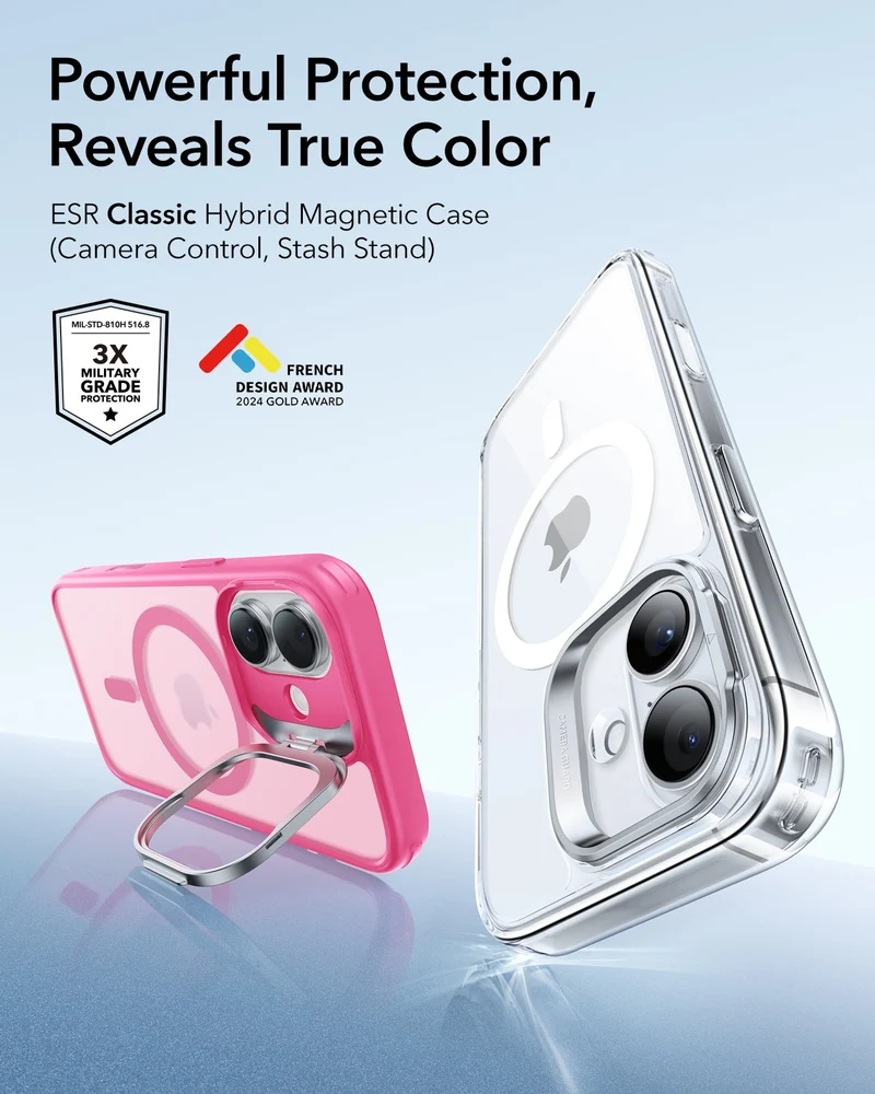 iPhone 17 Classic Hybrid Magnetic Case (Camera Control, Stash Stand) - Frosted Pink