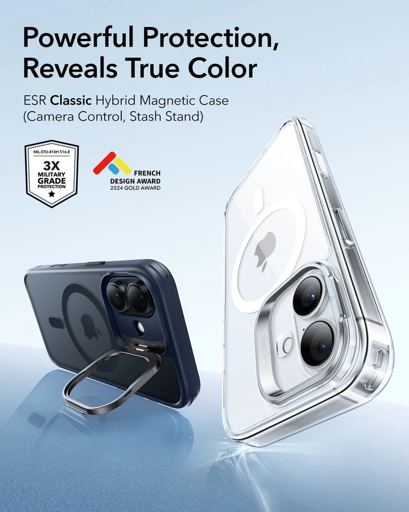 iPhone 17 Classic Hybrid Magnetic Case (Camera Control, Stash Stand) - Frosted Blue