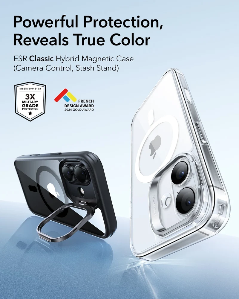 iPhone 17 Classic Hybrid Magnetic Case (Camera Control, Stash Stand) - Clear Black