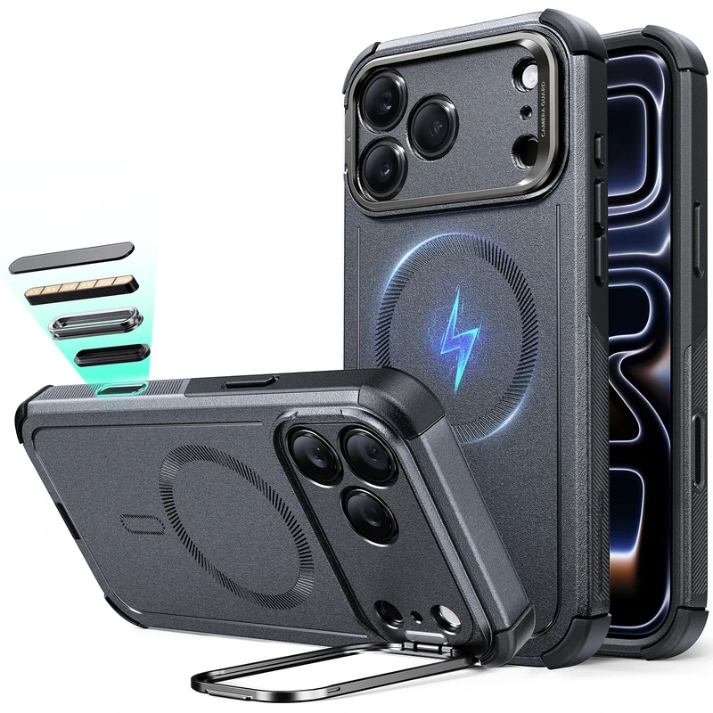 iPhone 17 Pro Max Cyber Tough Magnetic Case (Camera Control, Stash Stand) - Space Gray