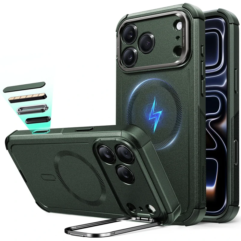 iPhone 17 Pro Max Cyber Tough Magnetic Case (Camera Control, Stash Stand) - Olive Green