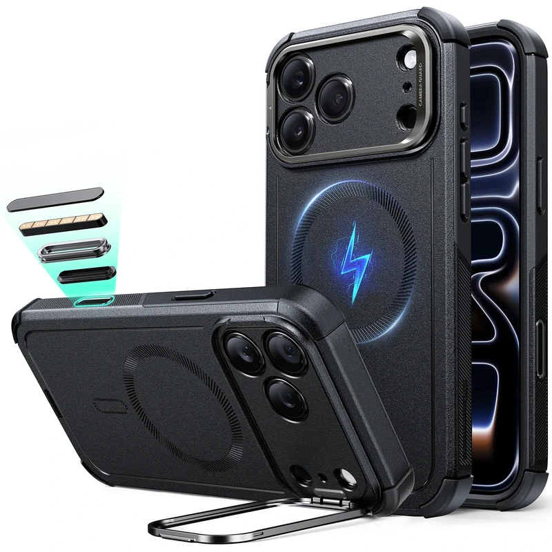 iPhone 17 Pro Max Cyber Tough Magnetic Case (Camera Control, Stash Stand) - Black