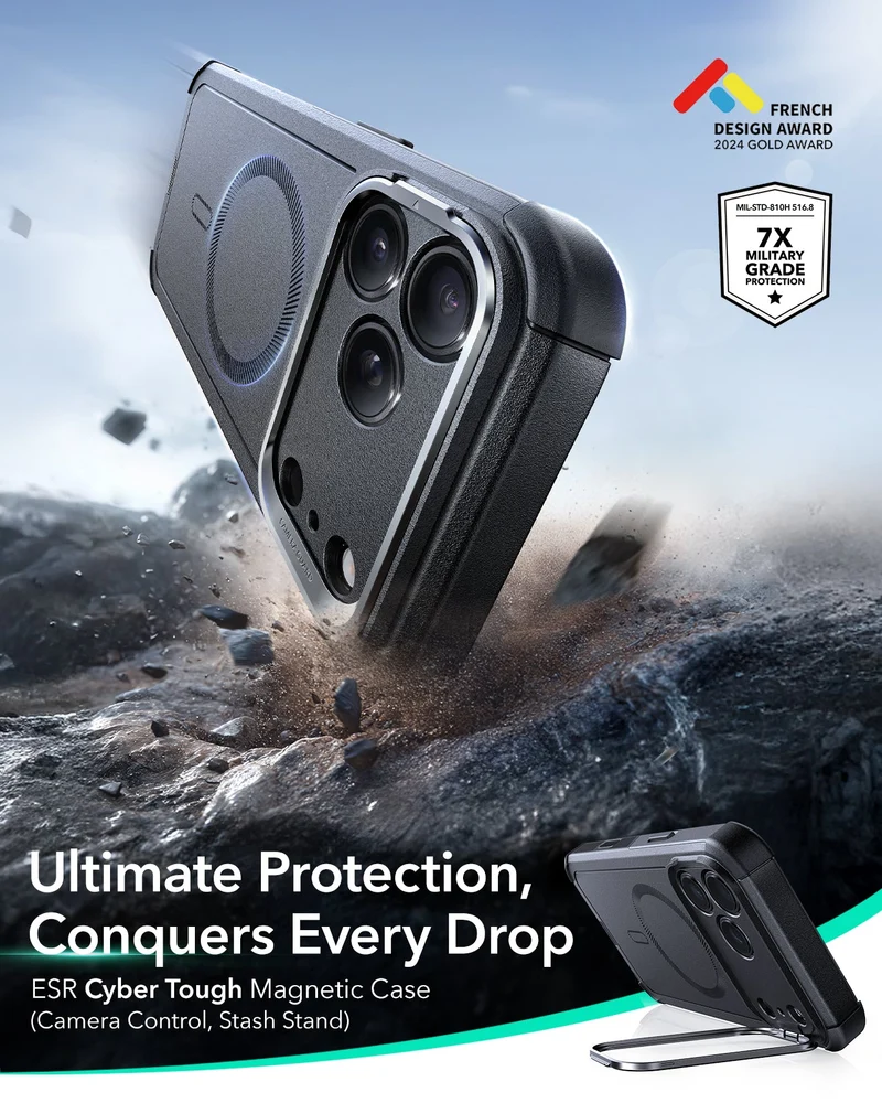 iPhone 17 Pro Max Cyber Tough Magnetic Case (Camera Control, Stash Stand) - Black