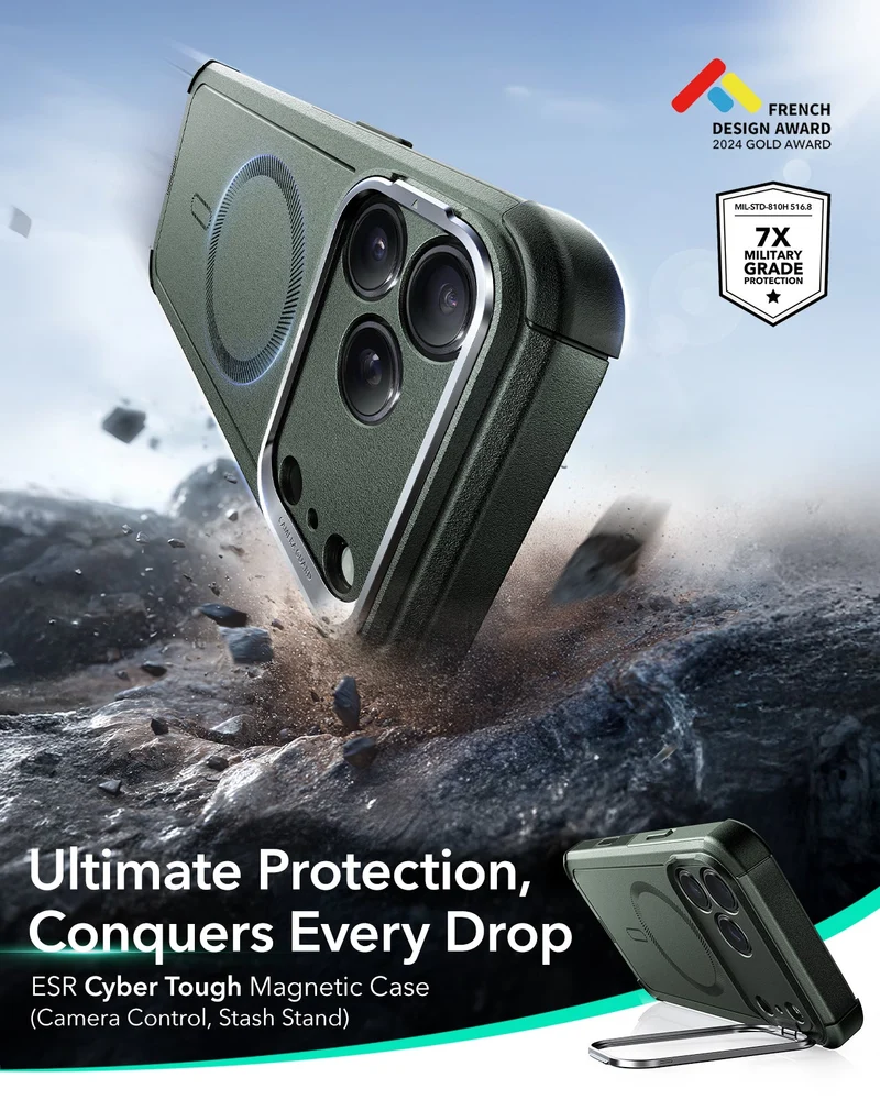 iPhone 17 Pro Cyber Tough Magnetic Case (Camera Control, Stash Stand) - Olive Green