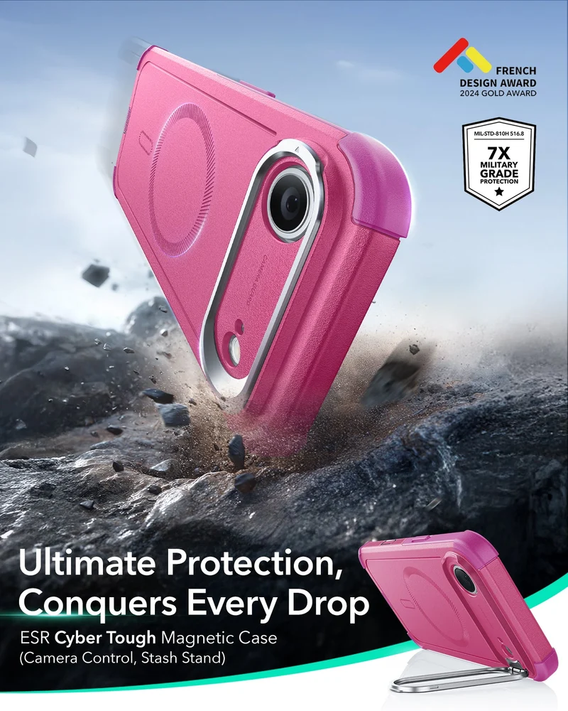 iPhone Air Cyber Tough Magnetic Case (Camera Control, Stash Stand) - Rosy Pink
