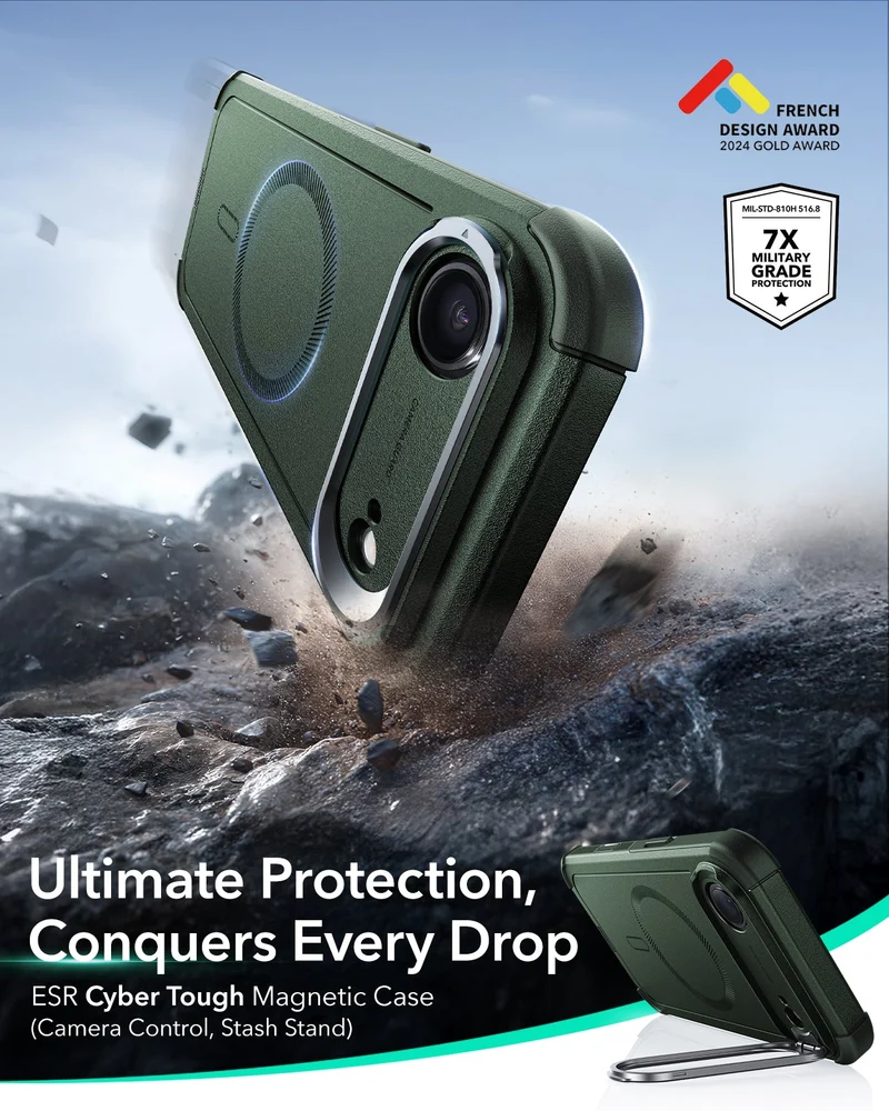 iPhone Air Cyber Tough Magnetic Case (Camera Control, Stash Stand) - Olive Green