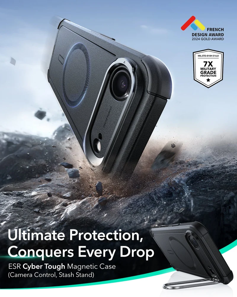 iPhone Air Cyber Tough Magnetic Case (Camera Control, Stash Stand) - Black