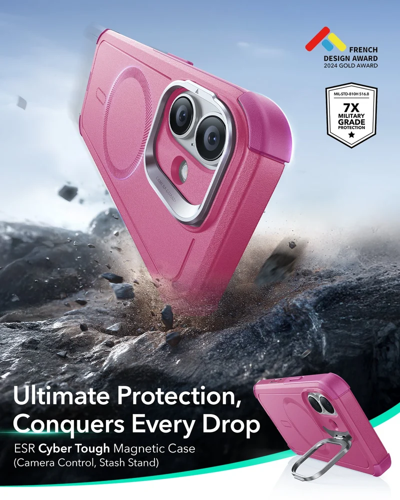 iPhone 17 Cyber Tough Magnetic Case (Camera Control, Stash Stand) - Rosy Pink