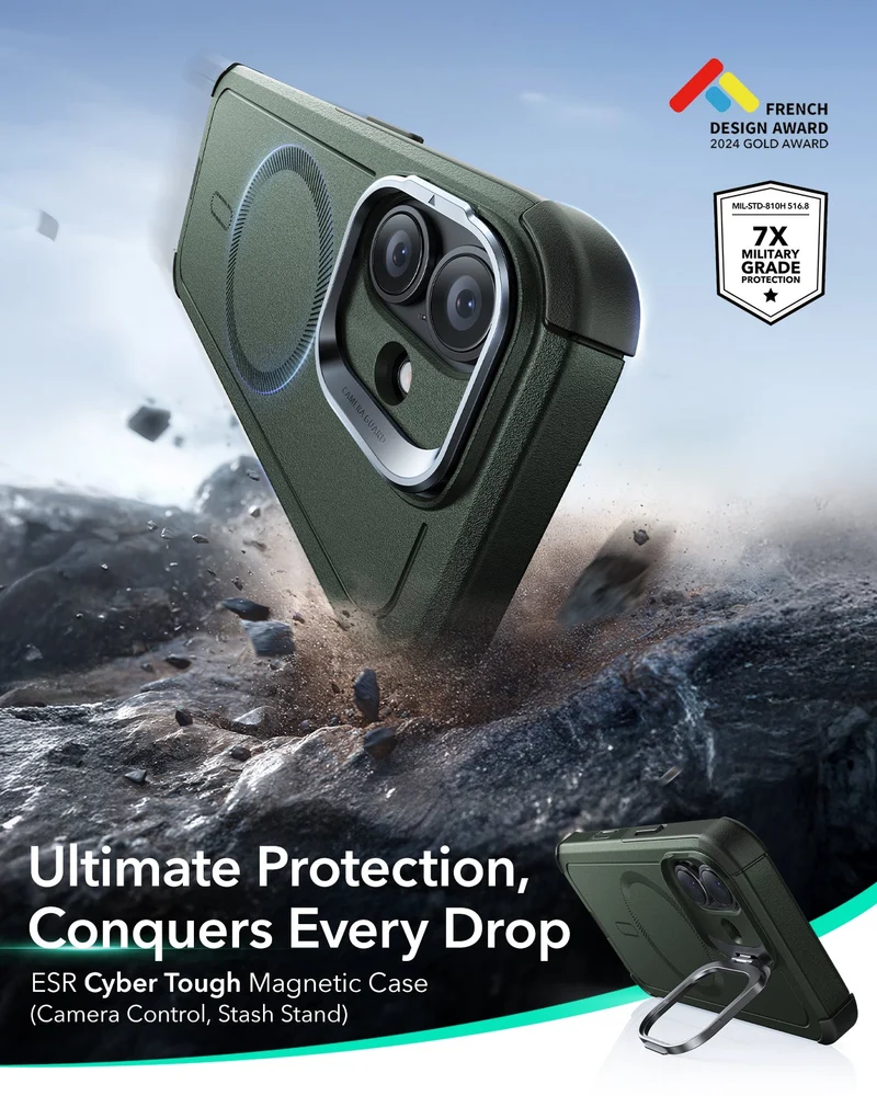 iPhone 17 Cyber Tough Magnetic Case (Camera Control, Stash Stand) - Olive Green