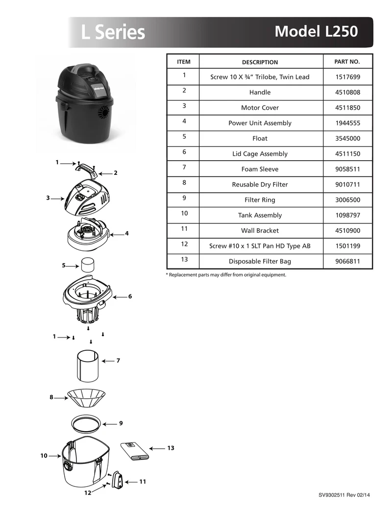 Shop-Vac Parts List for L250 Models (2.5 Gallon* Black / Red Portable Vac w/ Red Switch)
