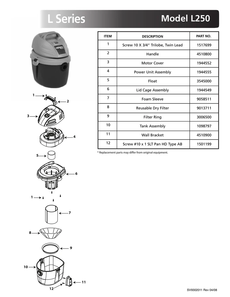 Shop-Vac Parts List for L250 Models (2.5 Gallon* Blue / Gray Portable Vac)