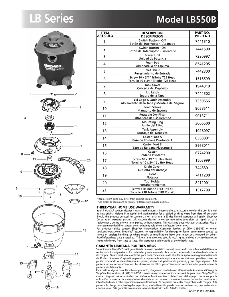 Shop-Vac Parts List for LB550B Models (12 Gallon* Blue / Gray Blower Vac w/ Four Caster Feet)