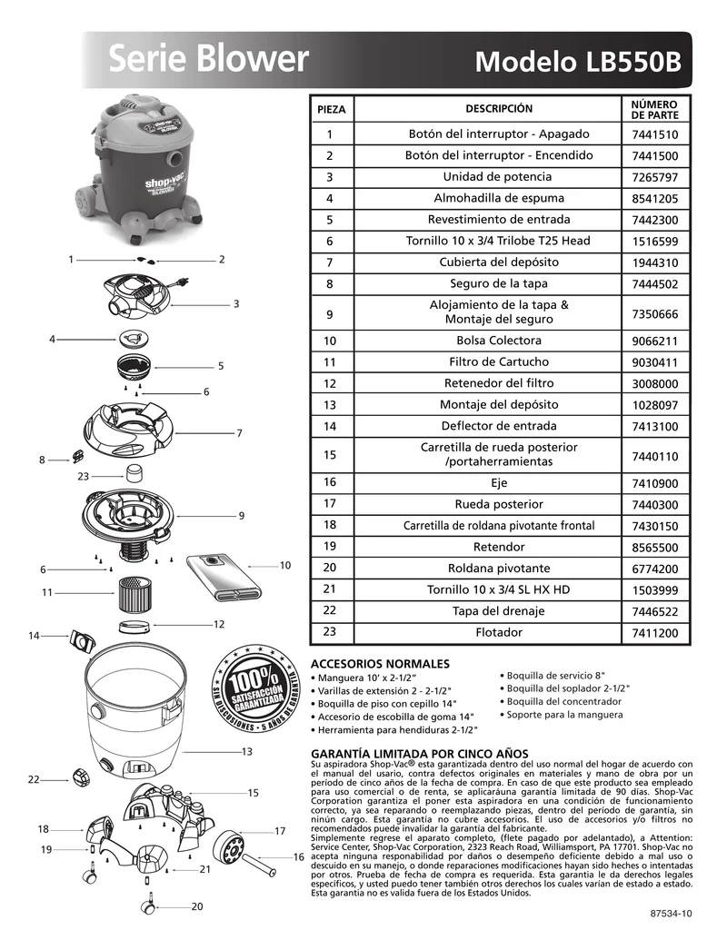 Shop-Vac Parts List for LB550B Models (12 Gallon* Blue / Gray Blower Vac w/ Rear Wheel Dolly)