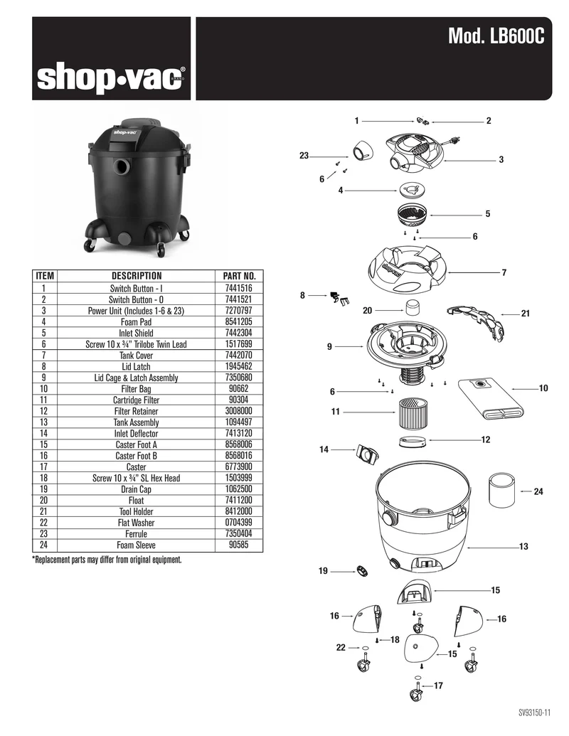 Shop-Vac Parts List for LB600C Models (12 Gallon* Black / Red Blower Vac)