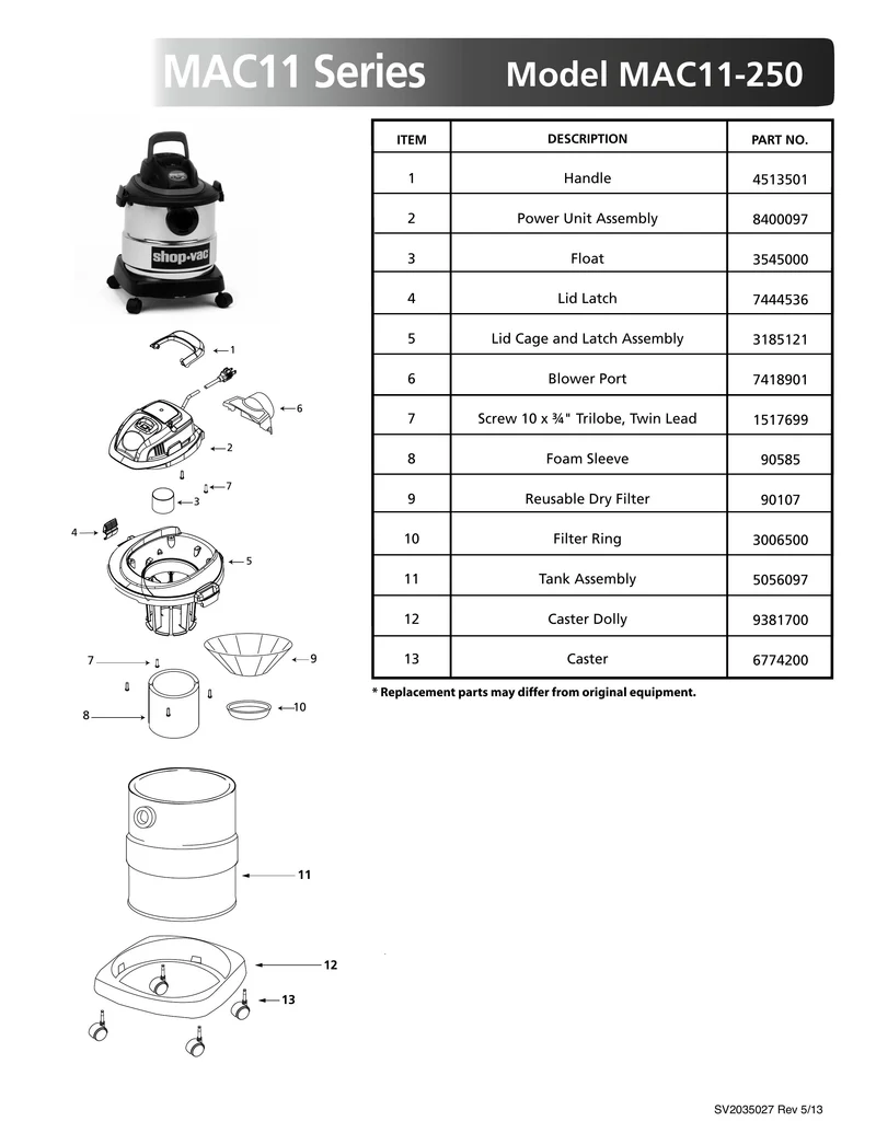 Shop-Vac Parts List for MAC11-250 Models (5 Gallon* Red/ Black Stainless Steel Vac)