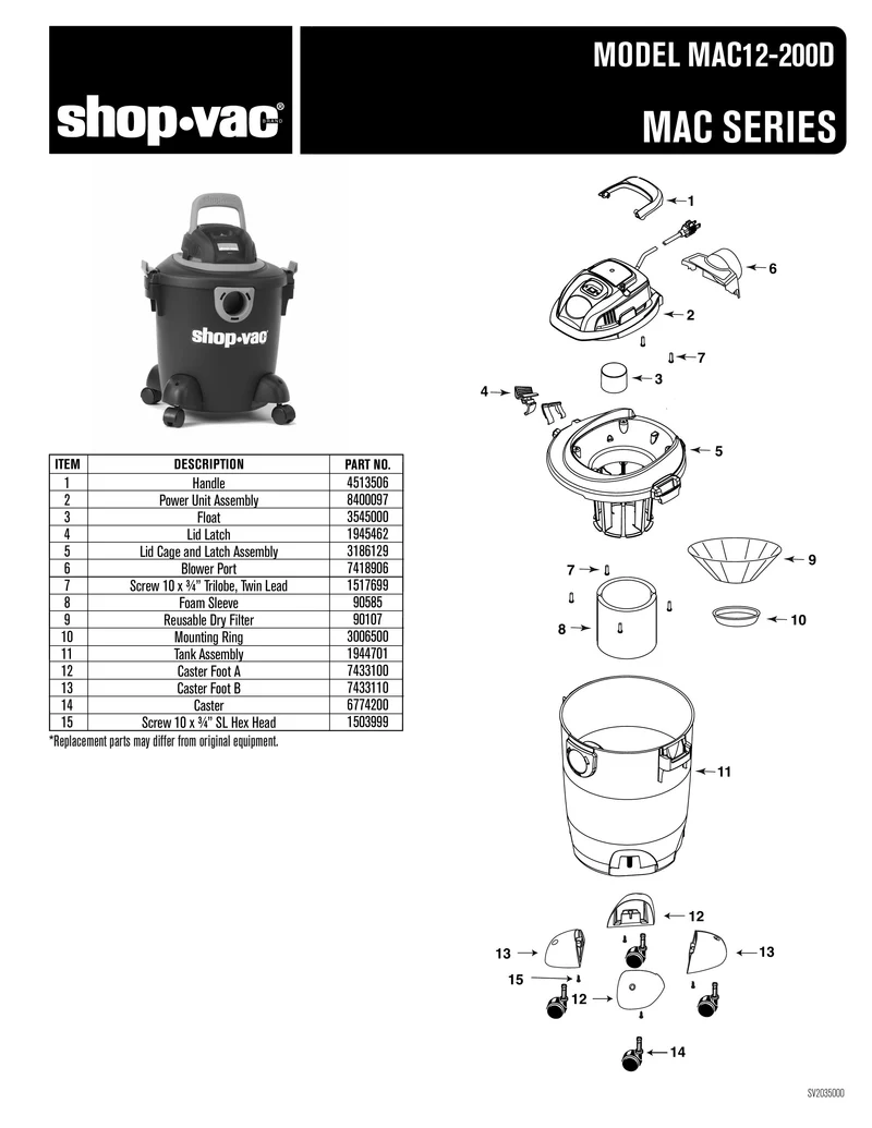 Shop-Vac Parts List for MAC12-200D Models (5 Gallon* Black Vac w/ Red Handle, Inlet and Latches)