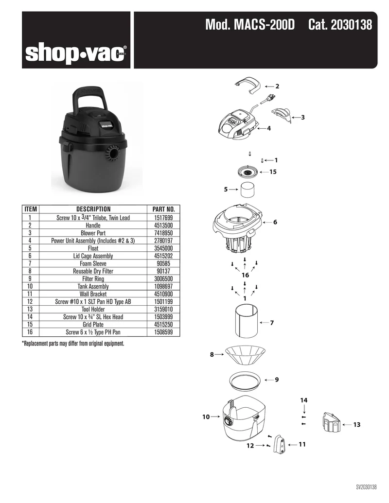 Shop-Vac Parts List for MACS-200D Models (Shop-Vac 1.5 Gallon* 2.0 Peak HP** Wet/Dry Vacuum)