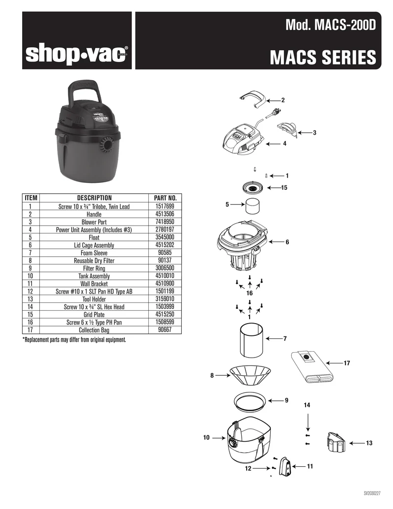 Shop-Vac Parts List for MACS-200D Models (1.5 Gallon* Black Vac w/ Red Handle)
