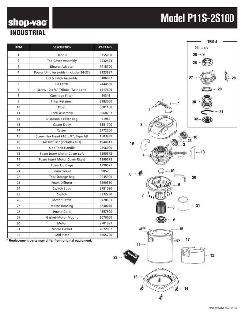 Shop-Vac Parts List for P11S-2S100 Models (4 Gallon* Black / Stainless Steel Industrial Long Life Vac)