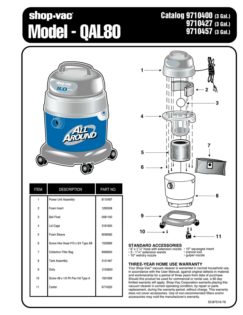 Shop-Vac Parts List for QAL80 Models (3 Gallon* Blue / Gray AllAround® Vac w/ Foam Sleeve and Collection Bag)
