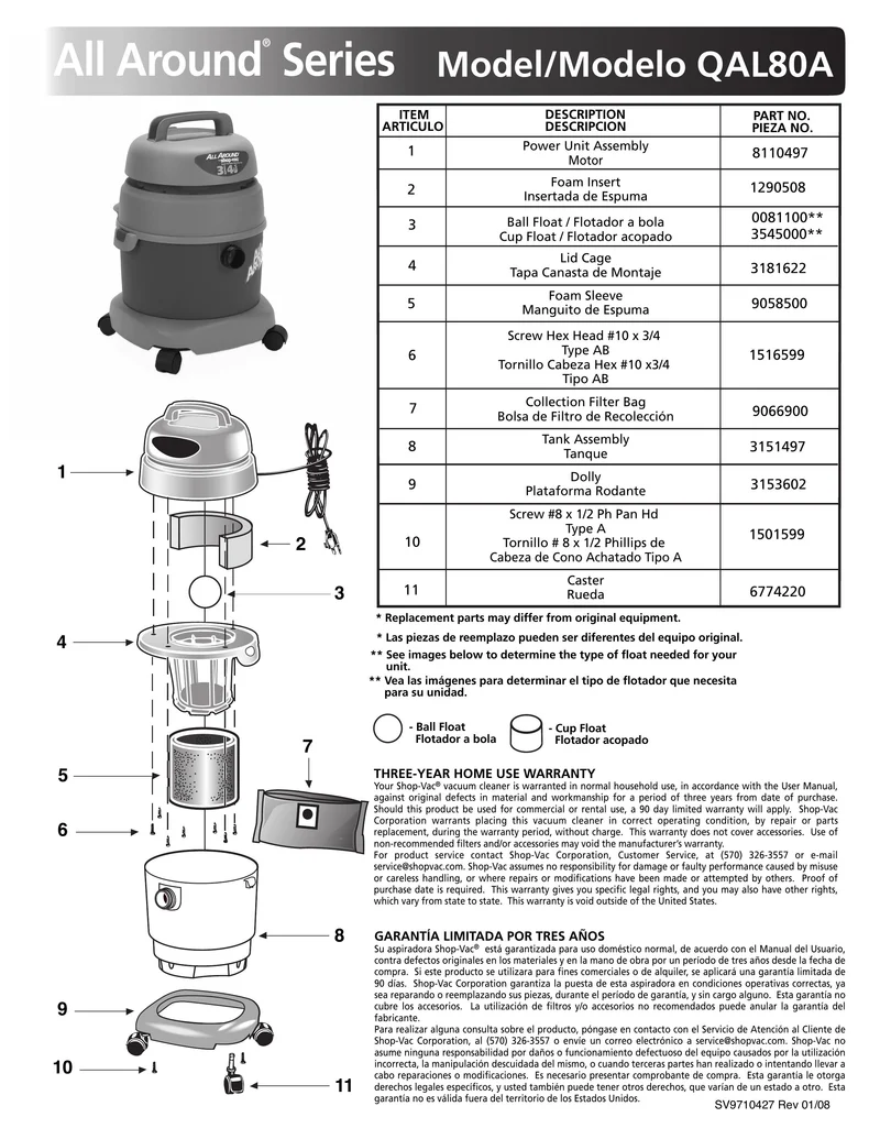Shop-Vac Parts List for QAL80A Models (3 Gallon* Blue / Gray AllAround® Vac w/ Foam Sleeve and Collection Bag)