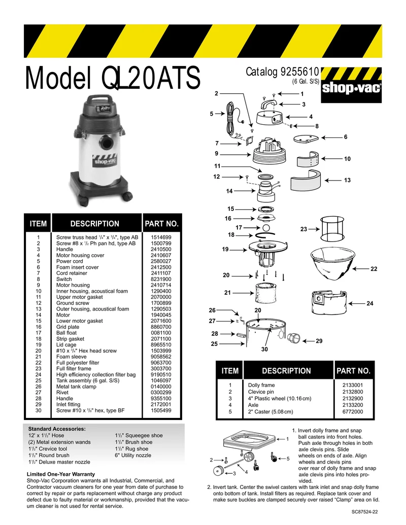 Shop-Vac Parts List for QL20ATS Models (6 Gallon* Black / Stainless Steel Industrial Vac)