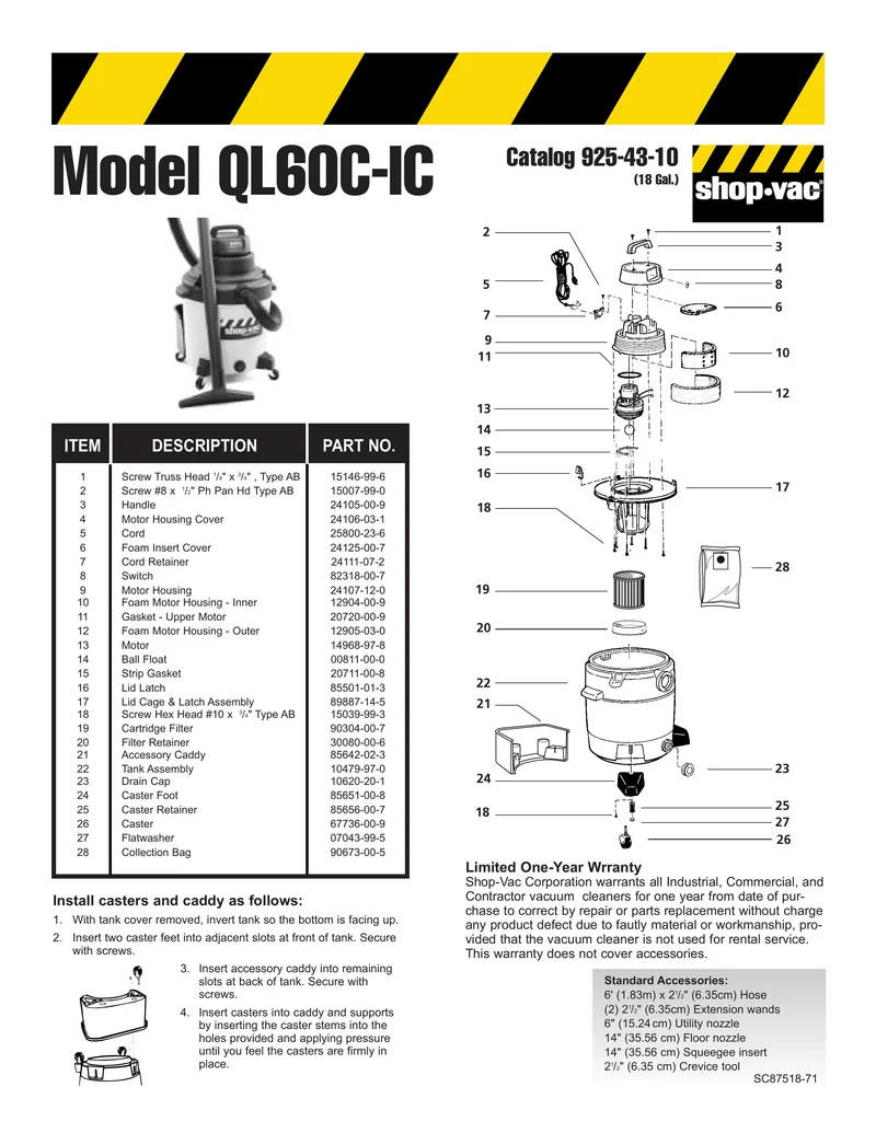 Shop-Vac Parts List for QL60CIC Models (18 Gallon* Yellow / Black Industrial Vac)