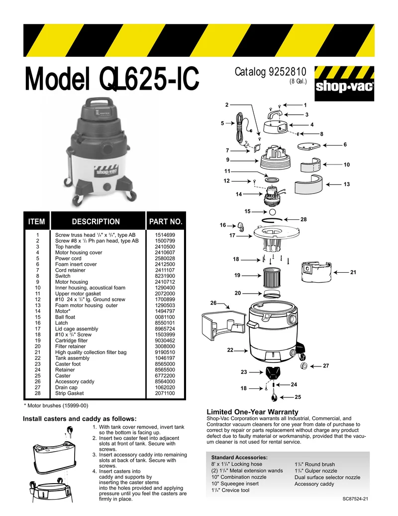 Shop-Vac Parts List for QL625IC Models (8 Gallon* Yellow / Black Industrial Vac)