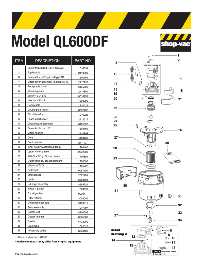 Shop-Vac Parts List for QL60ODF Models (12 Gallon* Yellow / Black OnDemand Industrial Vac)