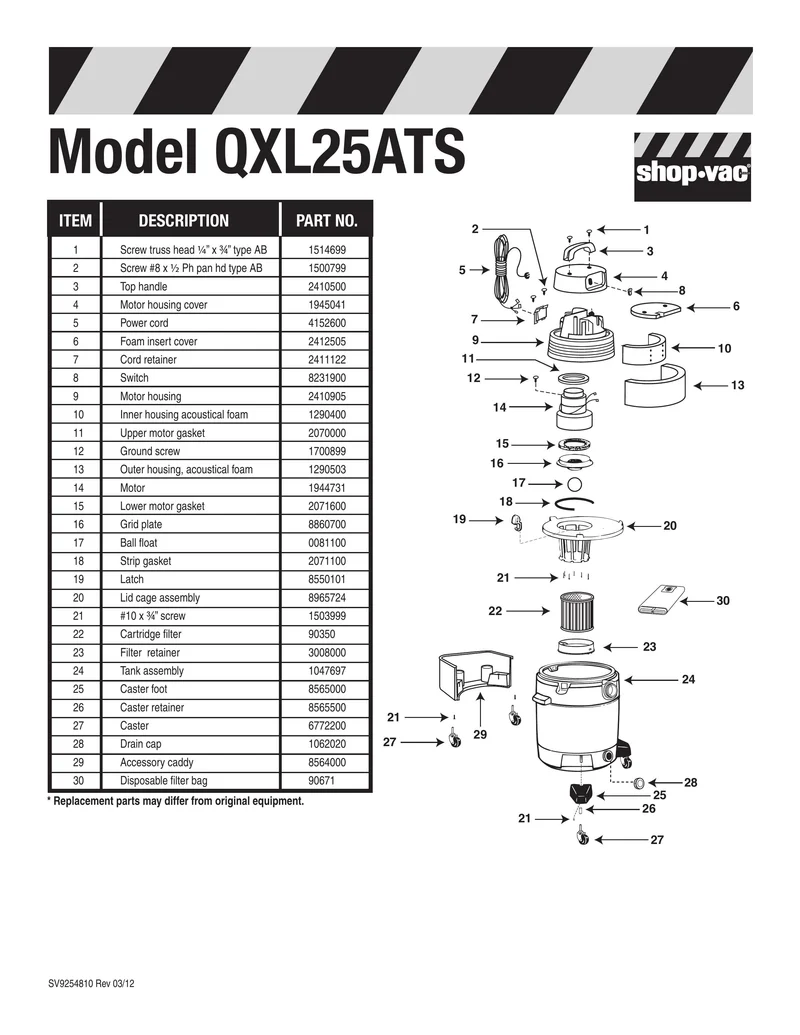 Shop-Vac Parts List for QXL25ATS Models (8 Gallon* Yellow / Black Industrial Vac)